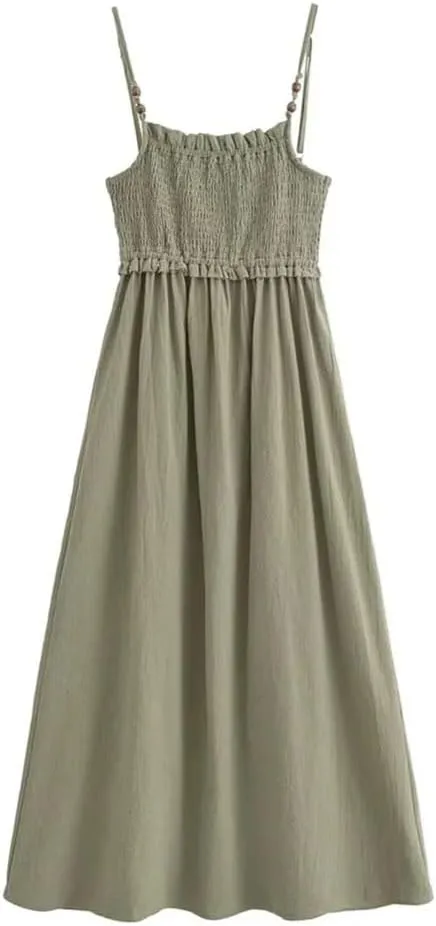 Women's Spaghetti Sleeveless Strap Slim Folds Strap Dress Casual Beach Dresses