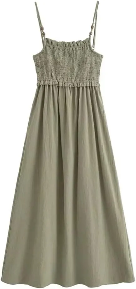 Women's Spaghetti Sleeveless Strap Slim Folds Strap Dress Casual Beach Dresses