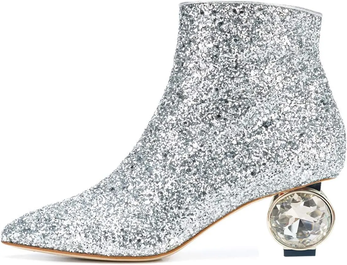 XYD Women Crystal Low Heel Ankle Boots Pointed Toe Shoes Side Zipper Prom Party Dress Fashion Short Booties