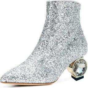 XYD Women Crystal Low Heel Ankle Boots Pointed Toe Shoes Side Zipper Prom Party Dress Fashion Short Booties