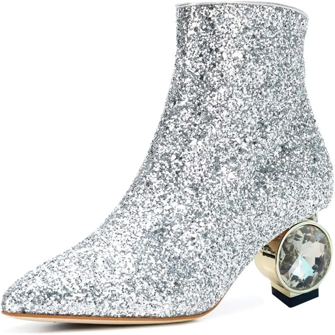 XYD Women Crystal Low Heel Ankle Boots Pointed Toe Shoes Side Zipper Prom Party Dress Fashion Short Booties