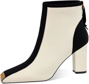 XYD Women Trendy Closed Square Toe Ankle Boots High Chunky Stack Heel Short Bootie Winter Fall Outdoor Party Event Shoes with Zipper