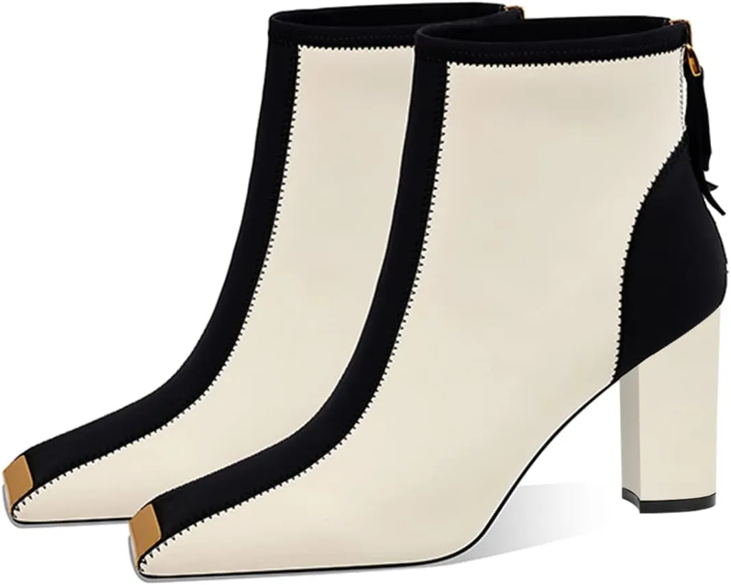 XYD Women Trendy Closed Square Toe Ankle Boots High Chunky Stack Heel Short Bootie Winter Fall Outdoor Party Event Shoes with Zipper