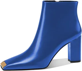 XYD Women Trendy Closed Square Toe Ankle Boots High Chunky Stack Heel Short Bootie Winter Fall Outdoor Party Event Shoes with Zipper