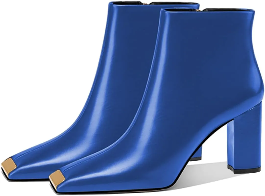 XYD Women Trendy Closed Square Toe Ankle Boots High Chunky Stack Heel Short Bootie Winter Fall Outdoor Party Event Shoes with Zipper