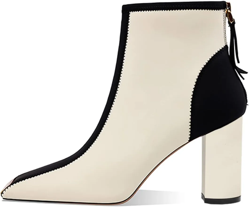 XYD Women Trendy Closed Square Toe Ankle Boots High Chunky Stack Heel Short Bootie Winter Fall Outdoor Party Event Shoes with Zipper
