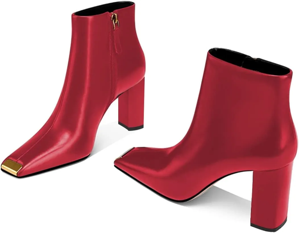 XYD Women Trendy Closed Square Toe Ankle Boots High Chunky Stack Heel Short Bootie Winter Fall Outdoor Party Event Shoes with Zipper