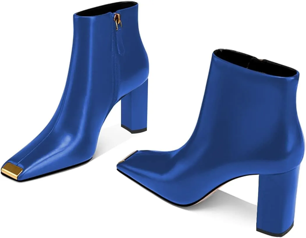 XYD Women Trendy Closed Square Toe Ankle Boots High Chunky Stack Heel Short Bootie Winter Fall Outdoor Party Event Shoes with Zipper