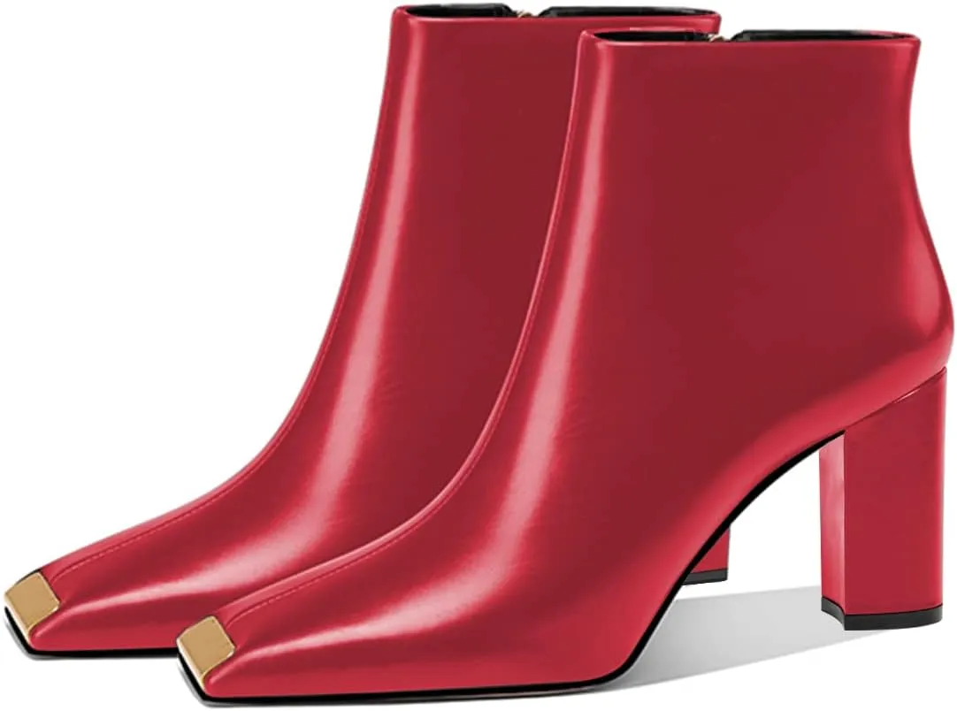 XYD Women Trendy Closed Square Toe Ankle Boots High Chunky Stack Heel Short Bootie Winter Fall Outdoor Party Event Shoes with Zipper